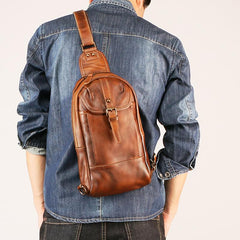 Black Leather Mens Sling Bag Chest Bag Sling Shoulder Bag Brown Sling Backpack for men