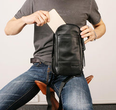Black Leather Mens Sling Bag Sling Chest Bag Sling One SHoulder Backpack for men