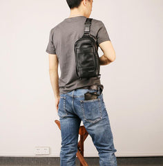 Black Leather Mens Sling Bag Sling Chest Bag Sling One SHoulder Backpack for men