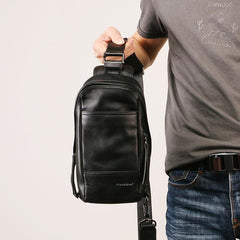 Black Leather Mens Sling Bag Sling Chest Bag Sling One SHoulder Backpack for men