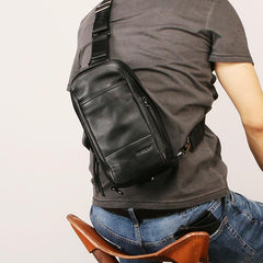 Black Leather Mens Sling Bag Sling Chest Bag Sling One SHoulder Backpack for men