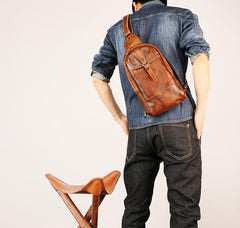 Black Leather Mens Sling Bag Chest Bag Sling Shoulder Bag Brown Sling Backpack for men