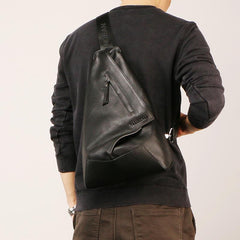 Black Large Leather Mens Sling Bag Sling Chest Bag One Shoulder Backpack for men