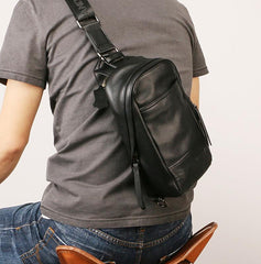 Black Leather Mens Sling Bag Sling Chest Bag Sling One SHoulder Backpack for men