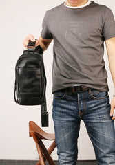 Black Leather Mens Sling Bag Sling Chest Bag Sling One SHoulder Backpack for men