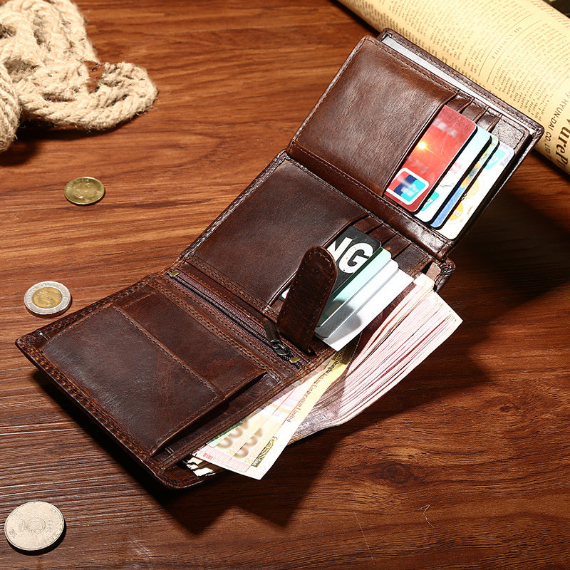 Leather Mens Small Wallet Slim Trifold Vintage Wallet for Mens