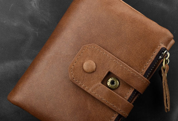Genuine Leather Mens Zip Wallet Cool billfold Slim Bifold Wallet Card Wallet Purse for Mens
