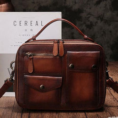 Vintage Womens Brown Leather Satchel Shoulder Bag School Handbag Shoulder Purse for Girls