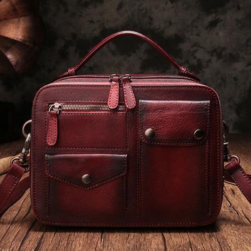 Vintage Womens Red Leather Satchel Shoulder Bag School Handbag Shoulder Purse for Girls
