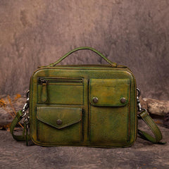 Vintage Brown Womens Leather Satchel Handbag Green Leather Side Shoulder Bag for Ladies