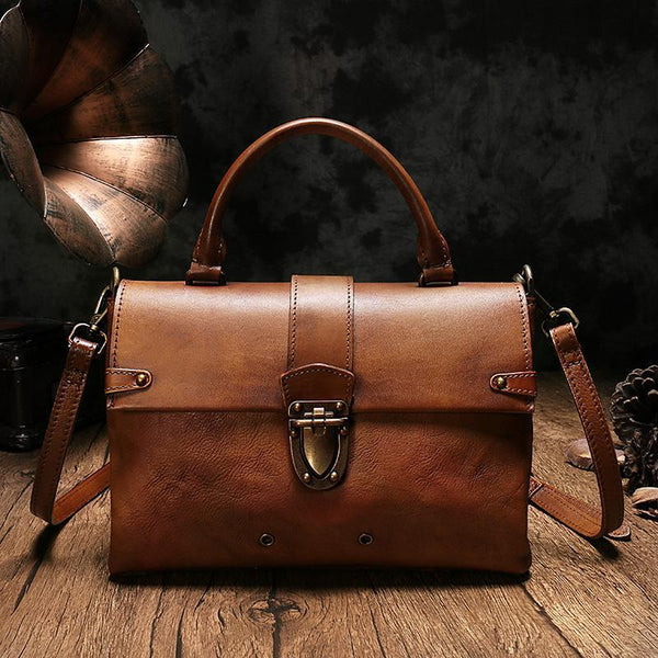 Vintage Womens Brown Leather Satchel Handbags Purse Shoulder Crossbody Bags for Ladies