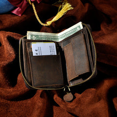 Leather Small Mens Wallet Zipper Bifold billfold Vintage Wallet for Men