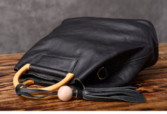 Leather Women Bucket Bag Handbag Shoulder Bag For Women with Tassels