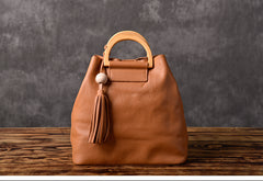 Leather Women Bucket Bag Handbag Shoulder Bag For Women with Tassels