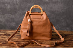 Leather Women Bucket Bag Handbag Shoulder Bag For Women with Tassels
