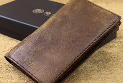 men long leather wallet men trifold vintage gray brown long wallet for him