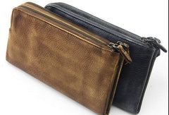 men long leather wallet men bifold zip vintage gray brown long wallet clutch for him