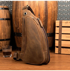 Cool Brown Leather Mens Sling Pack Sling Bags Crossbody Pack Chest Bag for men
