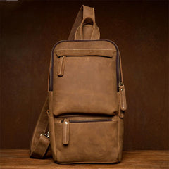 Cool Light Brown Leather Mens 10 inches Sling Bag Crossbody Pack Chest Bag for men