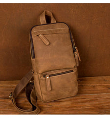 Cool Light Brown Leather Mens 10 inches Sling Bag Crossbody Pack Chest Bag for men