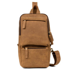 Cool Light Brown Leather Mens 10 inches Sling Bag Crossbody Pack Chest Bag for men