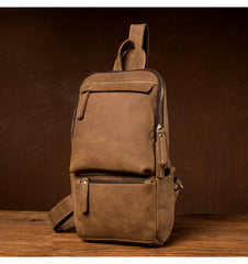 Cool Light Brown Leather Mens 10 inches Sling Bag Crossbody Pack Chest Bag for men