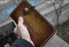 Handmade biker leather wallet truck wallet tan motorcycle leather long wallet for men