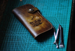 Handmade biker wallet leather carved coffee tan motorcycle leather wallet for men - EverHandmade