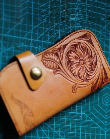 Handmade biker wallet leather carved floral brown motorcycle leather wallet for men - EverHandmade