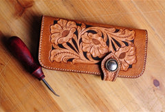 Handmade biker wallet leather carved floral brown motorcycle leather wallet for men - EverHandmade