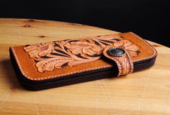 Handmade biker wallet leather carved floral brown motorcycle leather wallet for men - EverHandmade