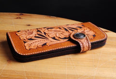 Handmade biker wallet leather carved floral brown motorcycle leather wallet for men