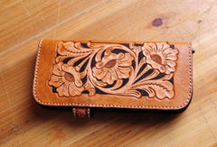 Handmade biker wallet leather carved floral brown motorcycle leather wallet for men - EverHandmade