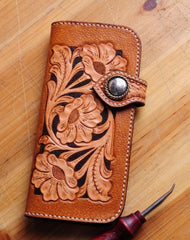 Handmade biker wallet leather carved floral brown motorcycle leather wallet for men - EverHandmade
