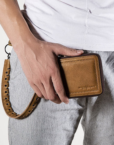 Leather biker billfold trucker wallet leather chain men Black Red long wallet - EverHandmade