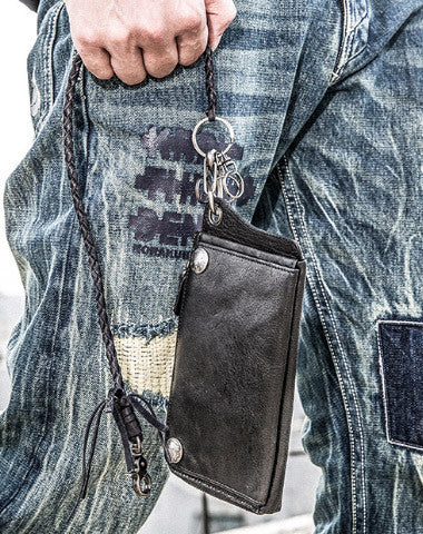 Leather biker trucker wallet leather chain men Black Red long wallet - EverHandmade