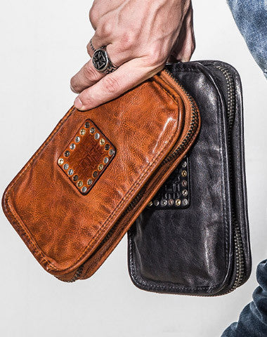 Handmade long wallet rivet leather men phone clutch vintage wallet for men - EverHandmade