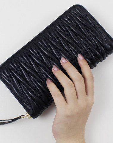 Womens Long Leather Zip Wallet Clutch