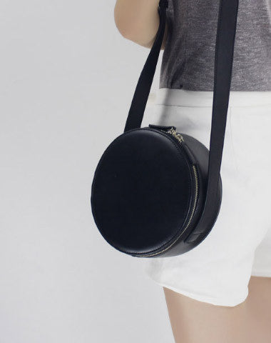 Black Leather Circle bag shoulder bag black for women leather crossbody bag - EverHandmade