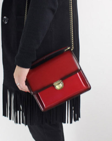 Genuine Leather handbag shoulder bag black red for women leather crossbody bag - EverHandmade