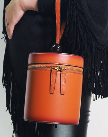 Genuine Leather round circle clutch purse handbag Wristlet bag for women leather - EverHandmade