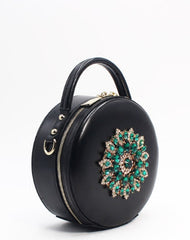 Genuine Leather Round Bag Handbag Purse Shoulder Bag Black for Women Leather Crossbody Bag - EverHandmade
