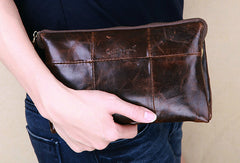 Men Leather clutch Vintage Bifold Dark Coffee Long wallet men leather zip clutch bag - EverHandmade