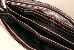 Men Leather clutch Vintage Bifold Dark Coffee Long wallet men leather zip clutch bag - EverHandmade