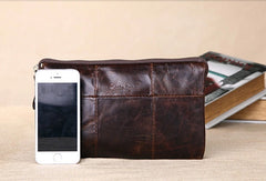 Men Leather clutch Vintage Bifold Dark Coffee Long wallet men leather zip clutch bag - EverHandmade
