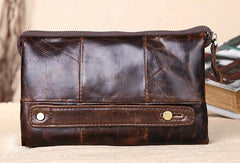 Men Leather clutch Vintage Bifold Dark Coffee Long wallet men leather zip clutch bag - EverHandmade