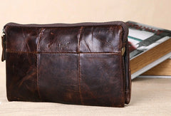Men Leather clutch Vintage Bifold Dark Coffee Long wallet men leather zip clutch bag - EverHandmade