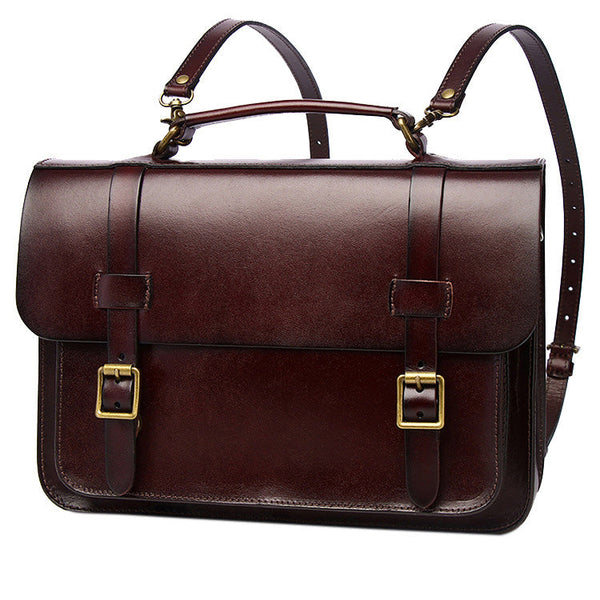 Men's Coffee Leather Convertible Messenger Bag Backpack - Back View