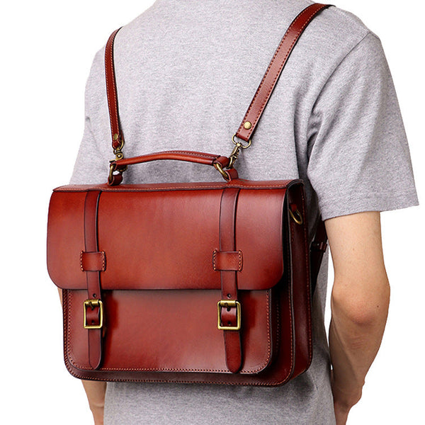 Men's Coffee Leather Convertible Backpack Messenger Bag - Back View