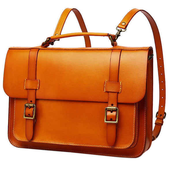 Men's Tan Leather Convertible Messenger Bag Backpack - Back View